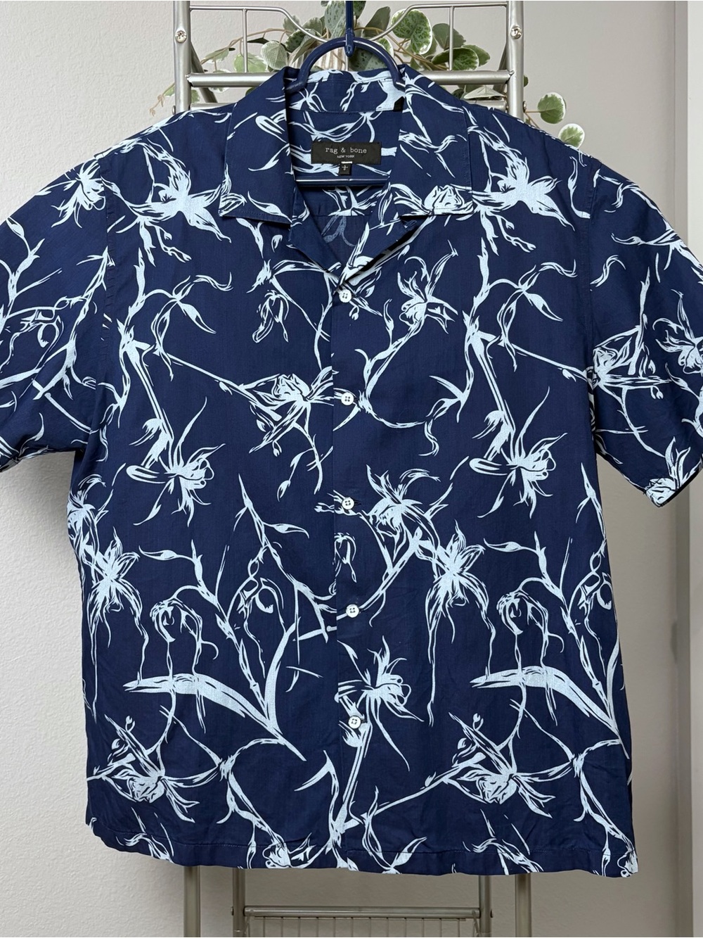 Rag & Bone Avery Shirt Men's Size L Blue Floral Loop Collar Coastal Cotton Camp
